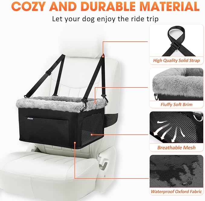 JOEJOY Deluxe Dog Booster Seat with Sturdy Metal Frame and Safety Leash for Small Pets up to 20 lbs - Portable Puppy Dog Car Seat with Thick Cushion and Storage Pockets for Small Dogs, Black