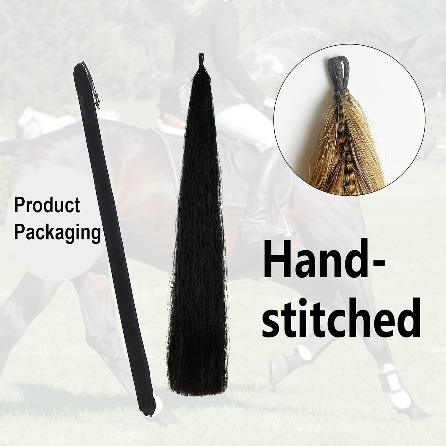 Horse Tail Extensions with Natural Loop Top, Blunt Cut Bottom, 3/8 LB 28-30 Inches Long （Jet Black）