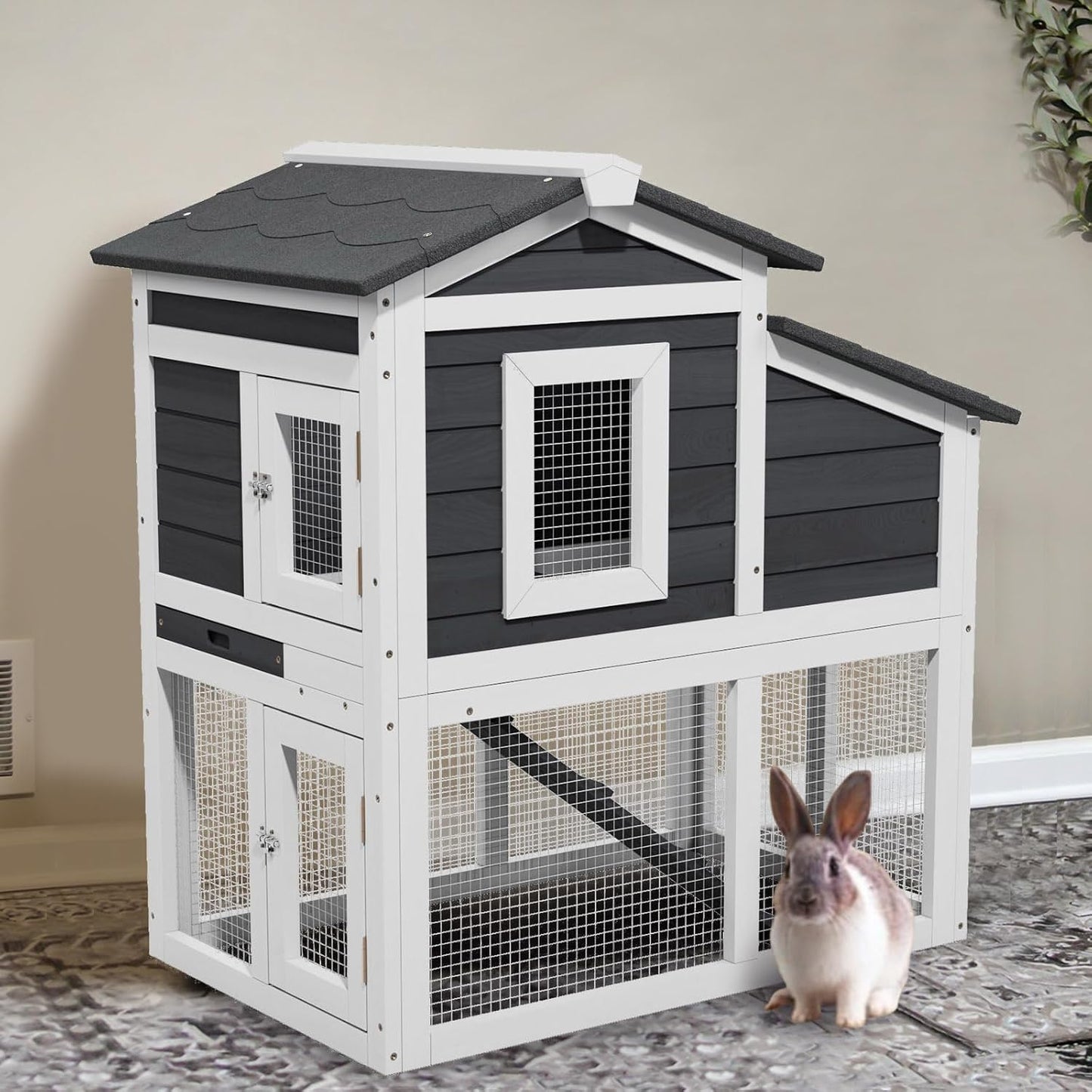 2 Story Rabbit Cage, Weatherproof Rabbit Hutch Indoor & Outdoor, Wooden Guinea Pig Cages with Removable Tray Openable Roof for Small to Medium Animals