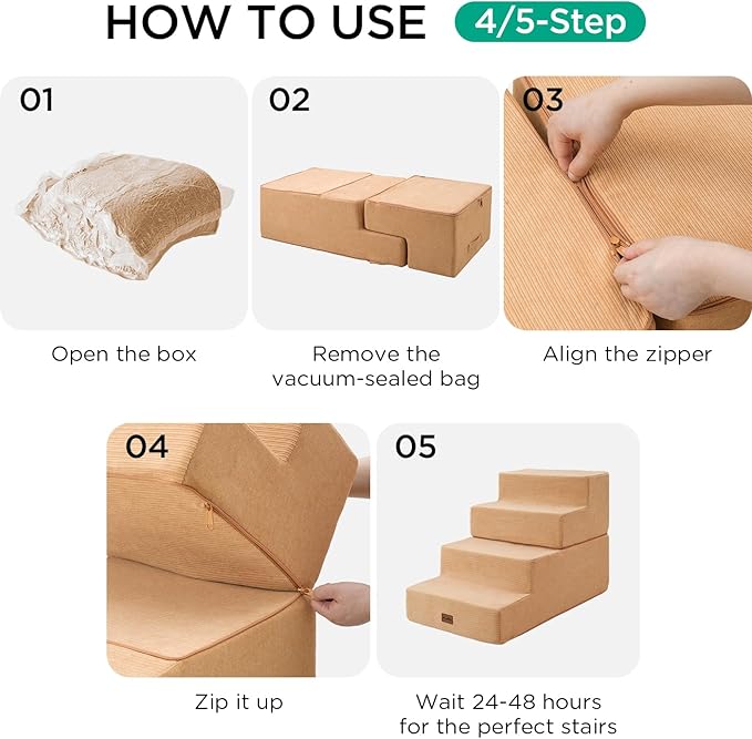 Made4Pets Dog Steps for Bed, Extra Wide Dog Stairs for High Bed Couch Sofa, 35D Foam Pet Steps for Small Dogs and Cats, Non-Slip Bottom Pet Stairs, Tan, 4 Steps
