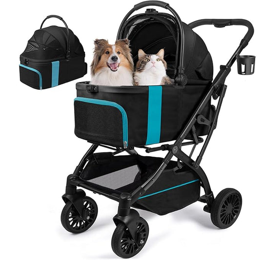 Dog Stroller, Cat Strollers, 5-in-1 Pet Stroller with Detachable Waterproof Carrier for Small/Medium Dogs Cats up to 55lbs, All-in-One Fold Without Detaching Carrier for Dogs Cats 10 lbs to 55 lbs