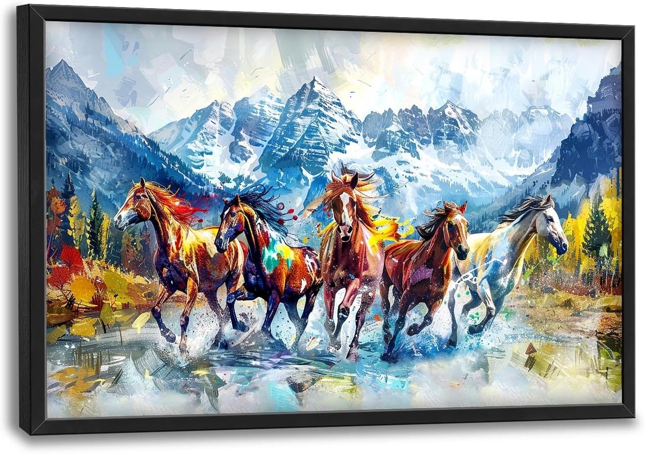 Horse Large Wall Art Running Horses Pictures Colorful Horse Mountain Landscape Wall Decor Wild Animal Nature Canvas Print Painting Artwork for Bathroom Living Room Bedroom 36L" x 24W"