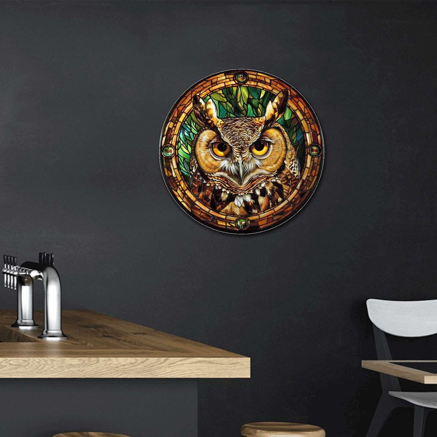 Lygond Metal Tin Sign - Circular Stained Glass Owl - 88 Inches for Garage