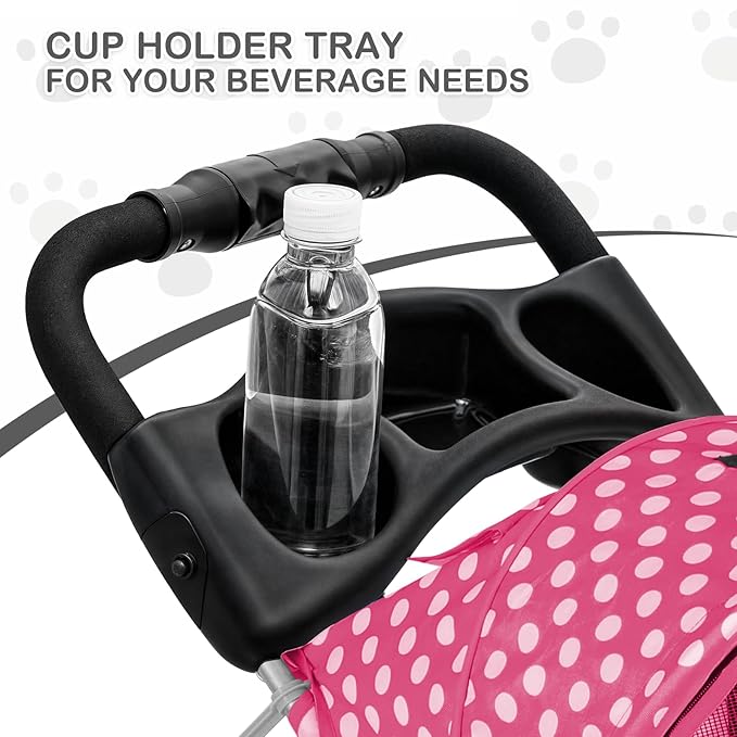 MoNiBloom 3 Wheels Pet Dog Cat Stroller for Small Medium Dogs Cats, Foldable Jogger Stroller w/Storage Basket and Cup Holder, Hot Pink Polka Dots