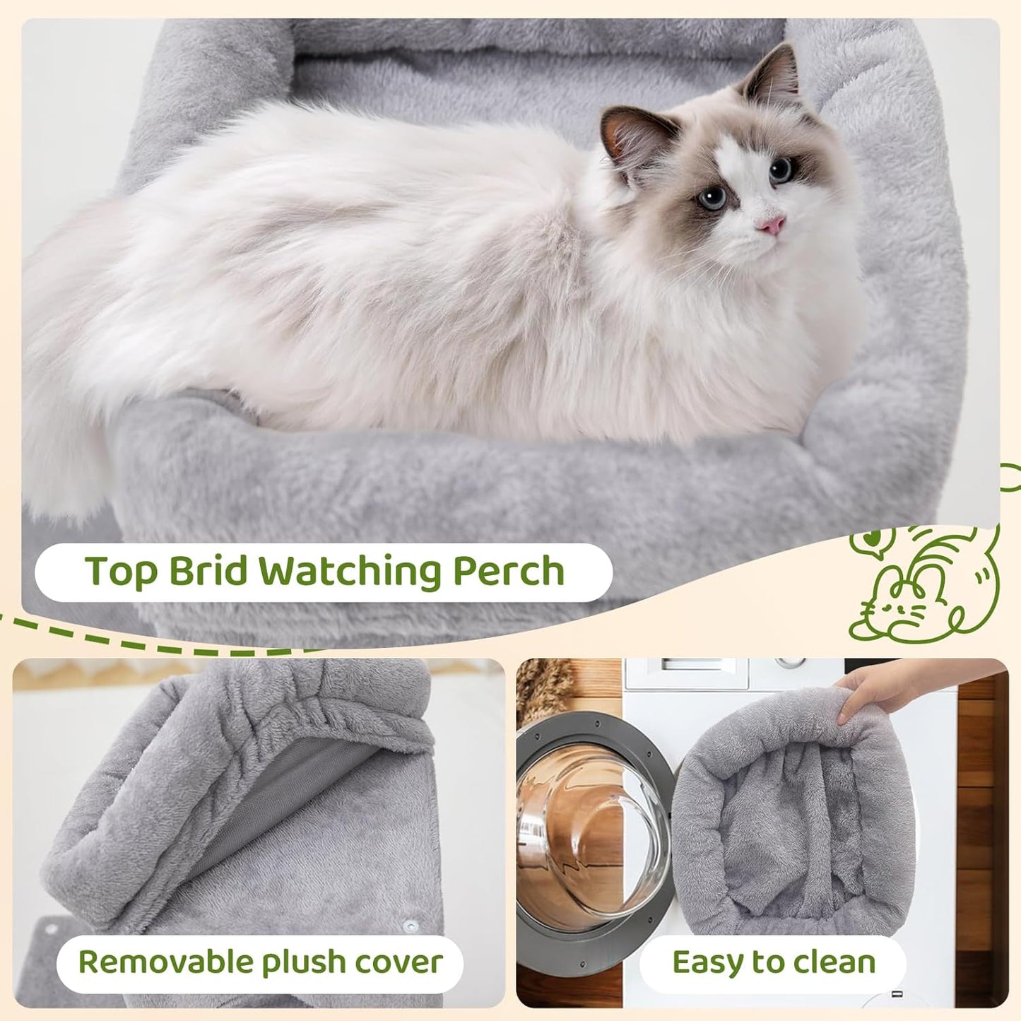 24inch Tall cat Tree with 2 cat condo and Mouse Toy Cozy Small cat Tower with Scratching Post and Board for Kitties and Small Cats.（Light Grey）