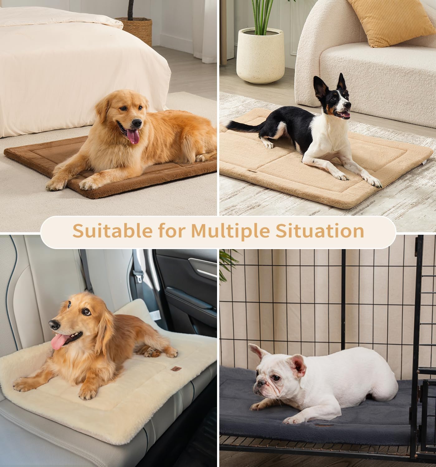 Made4Pets Dog Crate Pad Bed for Large Dogs, Washable & Reversible, Anti-Slip Kennel Mat for Cozy Sleeping, Soft Fluffy Dog Bed for Indoor & Outdoor Use, 41"x29", Khaki