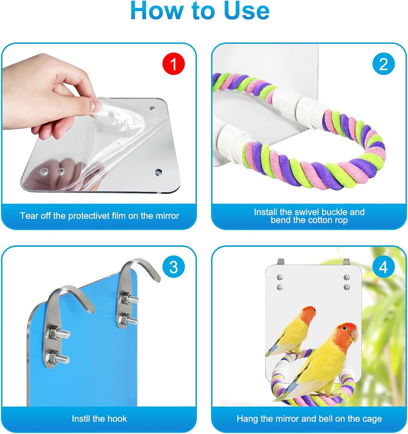 5.9" Bird Mirror with Rope Perch Bird Toys Swing, Comfy Perch for Greys Amazons Parakeet Cockatiel Conure Lovebirds Finch Canaries