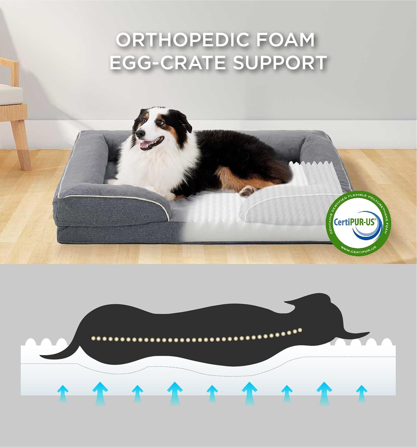 MADE 4 PETS Orthopedic Dog Bed for Extra Large Dogs, Supportive Foam XL Pet Bed Sofa with Washable Removable Cover, Waterproof Large Dog Couch Bed, Non-Slip Bottom and Egg-Crate Foam, Grey