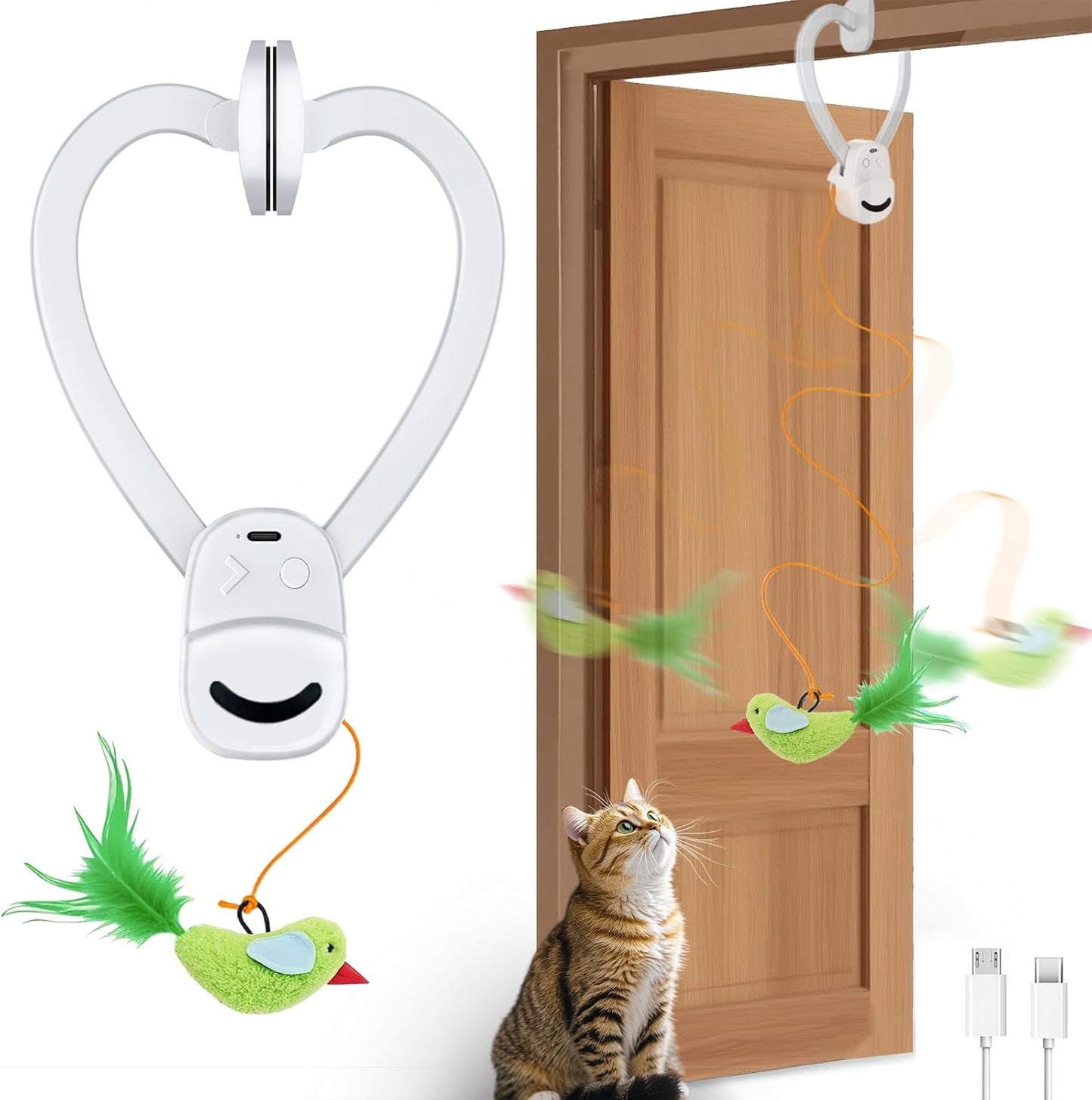 Interactive Cat Toys for Indoor Cats Automatic Electric Flying Bird Feather Wand Toy - Best Kitten & Adult Cat Enrichment Stimulation Toy Hanging Electric Kitty Toys for Bored Cats（Bright White）