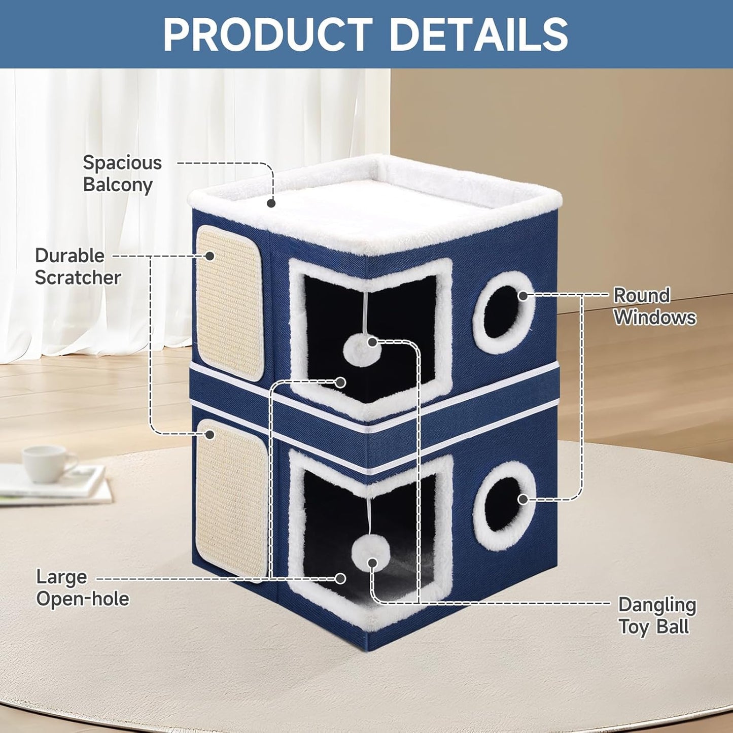 2-Storey Cat House for Indoor Cats, Large Double Cat Bed Cave with Hideaway Condos, Scratch Pads, Hanging Balls, Foldable Indoor Cat House Hold Up to 30LBS, Cat Cube for Multiple Cats Kitten, Blue