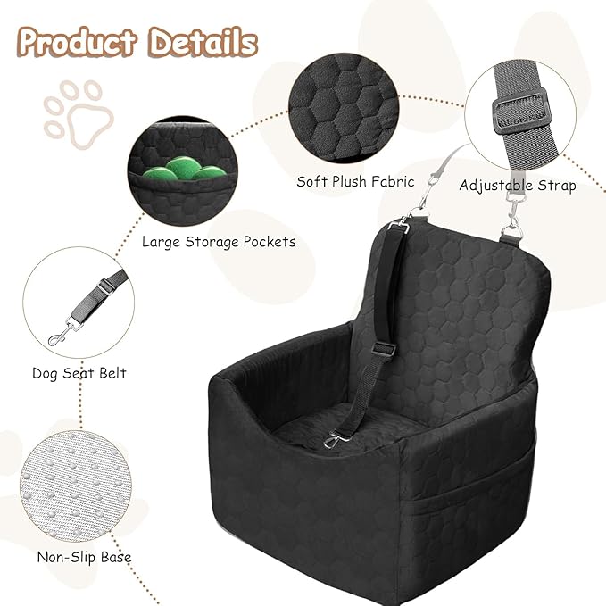 Dog Car Seat for Small/Medium Dogs - Dog Booster Seat with Safety Straps & Non-Slip Base, Travel Pet Car Seat with Storage Pockets, Washable & Removable, Suitable for Dogs Under 35 lbs (Black)