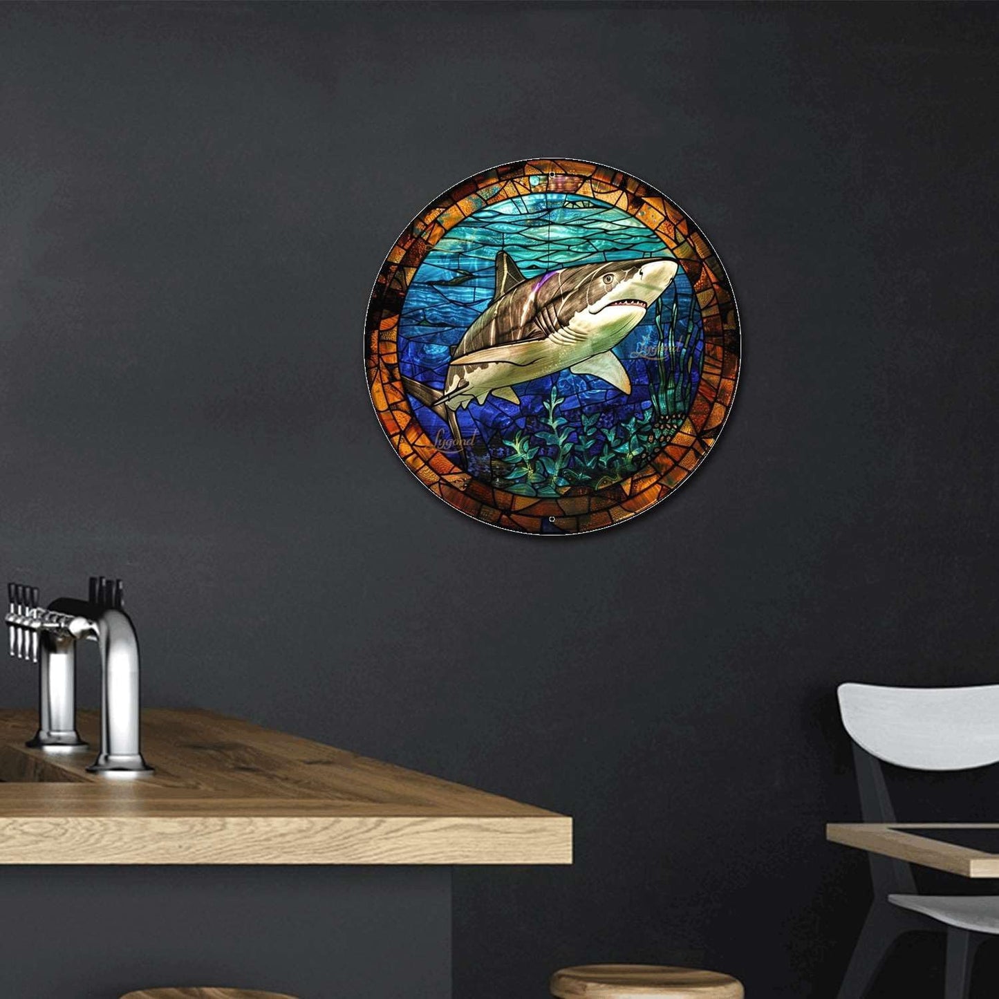 Lygond Metal Sign Tin Sign Circular Stained Glass Shark Vintage Decor For Club 12×12 Inches