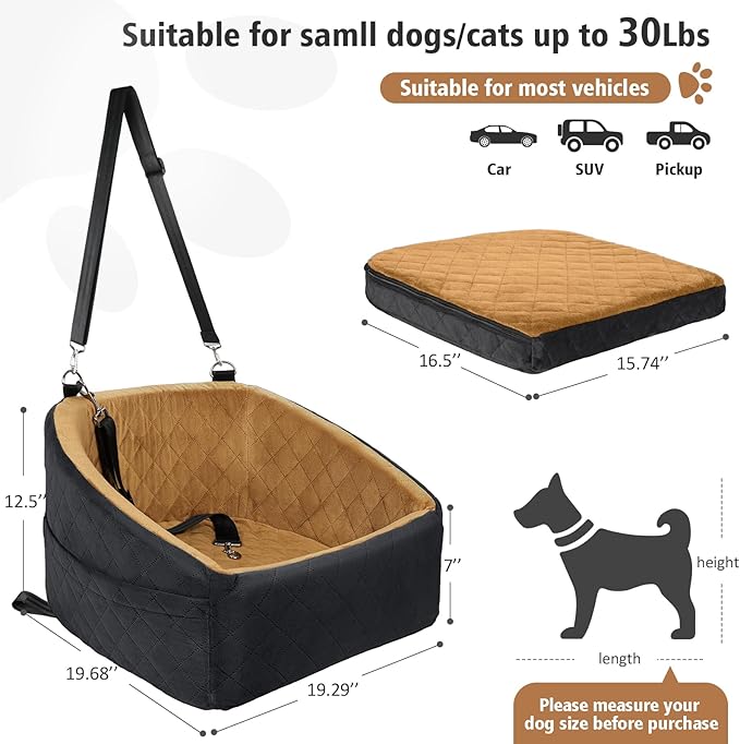 Dog Car Seat for Small Medium Dogs,Detachable Washable Dog Booster Seat Under 30lbs, Pet Car Seat Travel Bed with Storage Pockets and Dog Safety Belt(Black/Brown)