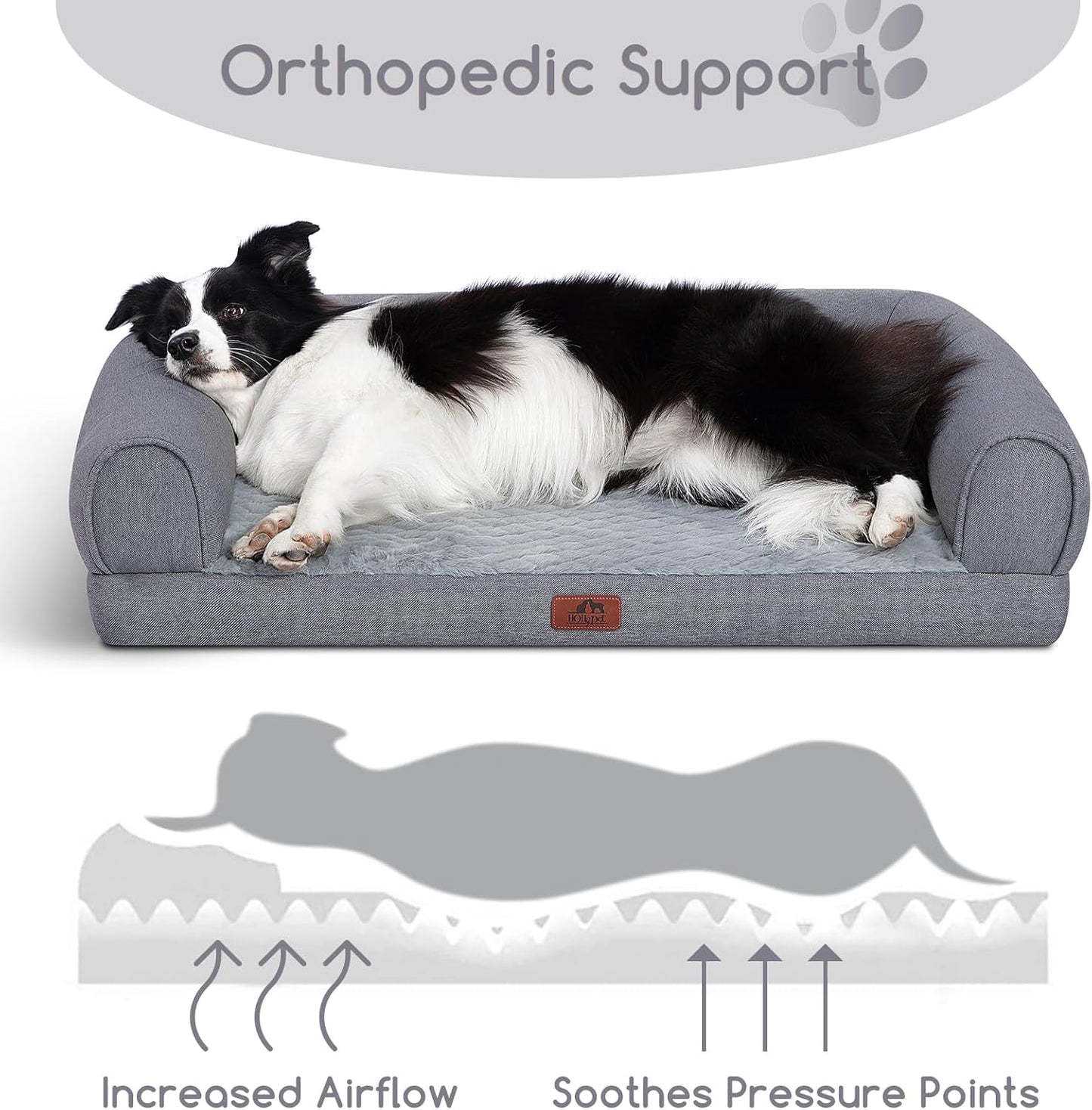 Hollypet Orthopedic Dog Bed for Large Dogs, Supportive Foam Pet Couch with Removable Washable Cover and Non-Slip Bottom, Waterproof Lining Dog Sofa Bed, Gray, L (36 * 26 * 8)
