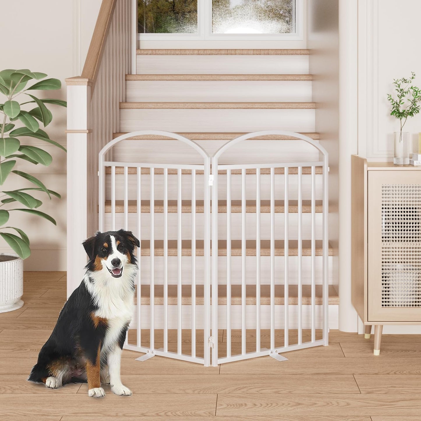 2 Panles Full Matel Freestanding Dog Gates with Door, 48"Extra Wide 36"Tall Free Standing Dog Pet Gate for Indoor & Outdoor. Foldable Pet Fences for Doorways, House, Stairs, Porch, Deck, Yard