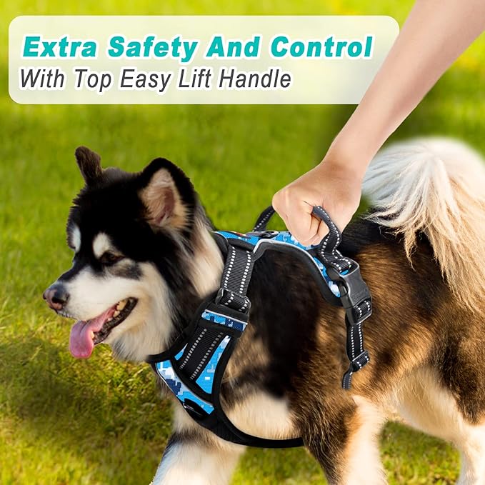 BARKBAY No Pull Dog Harness Large Step in Reflective Dog Harness with Front Clip and Easy Control Handle for Walking Training Running(Blue camo,XL)