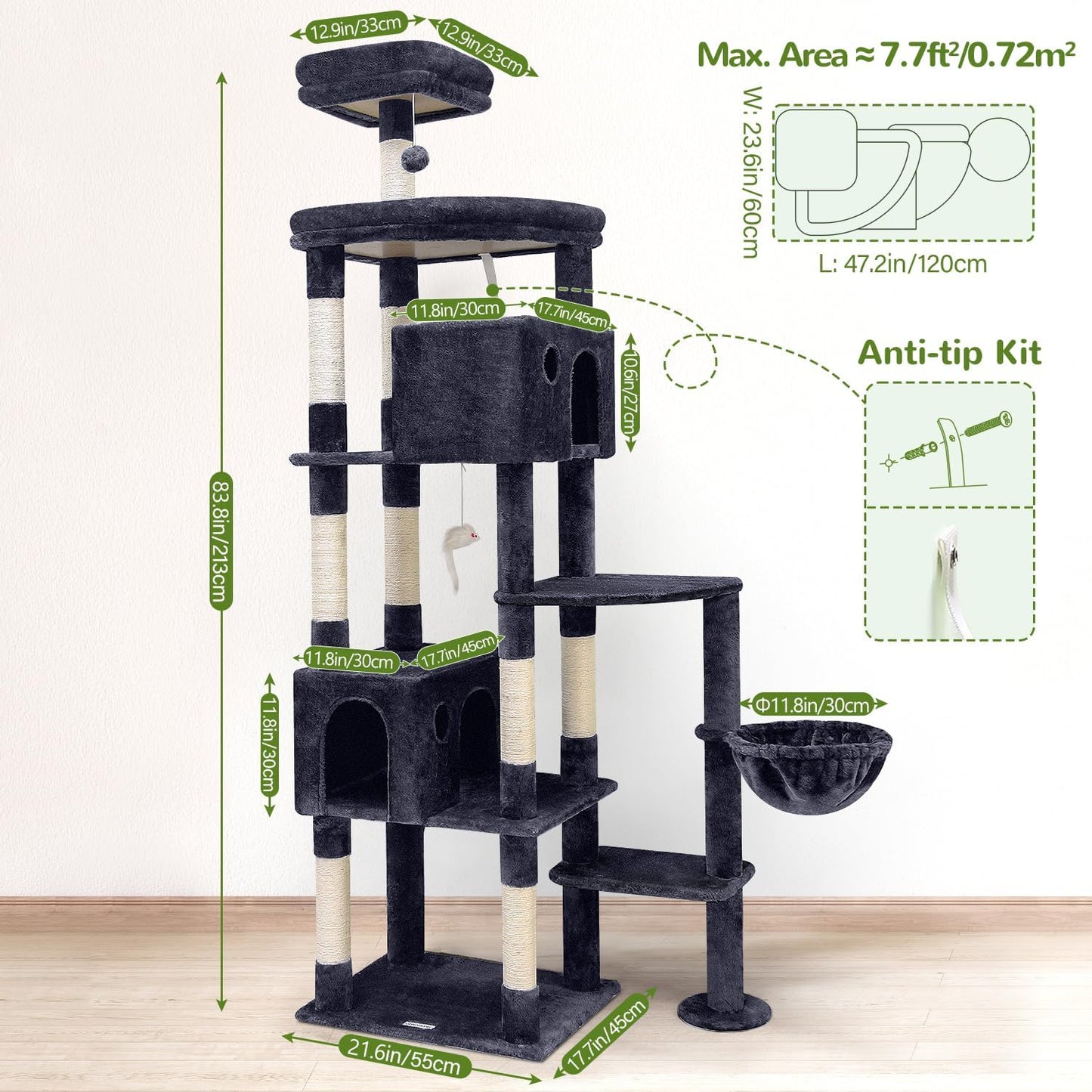 Globlazer Giant Cat Tree, 83 inch Cat Tree for Indoor Cats Large Adult, XXL Cat Tower with 9 Scratching Posts for 20lb+ Heavy Duty Large Adult Cats, F83, Dark Grey