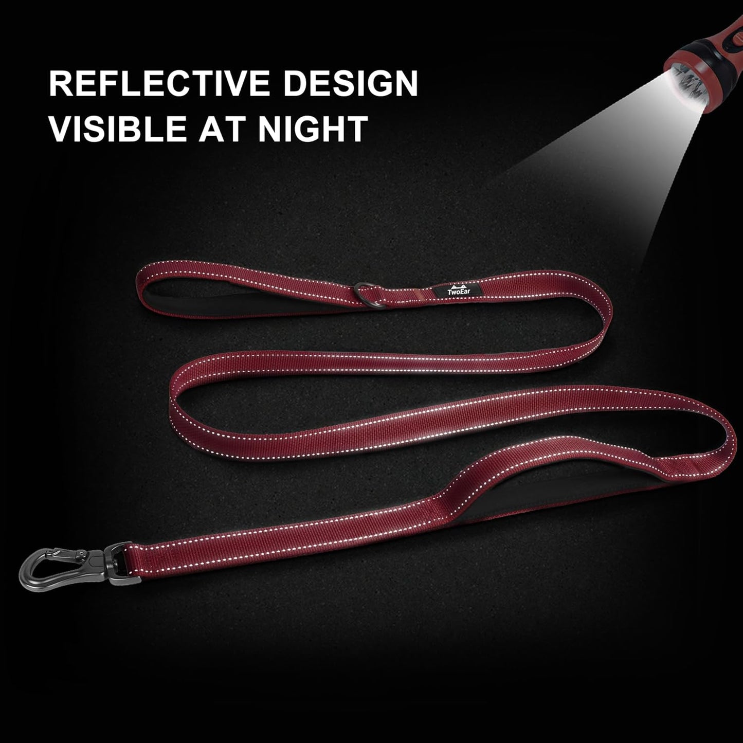TwoEar 6FT 1IN Strong Red Dog Leash with 2 Padded Handles, Traffic Handle Extra Control, Comfortable Soft Dual Handle, Auto Lock Hook, Reflective Walking Lead for Small Medium and Large Dogs