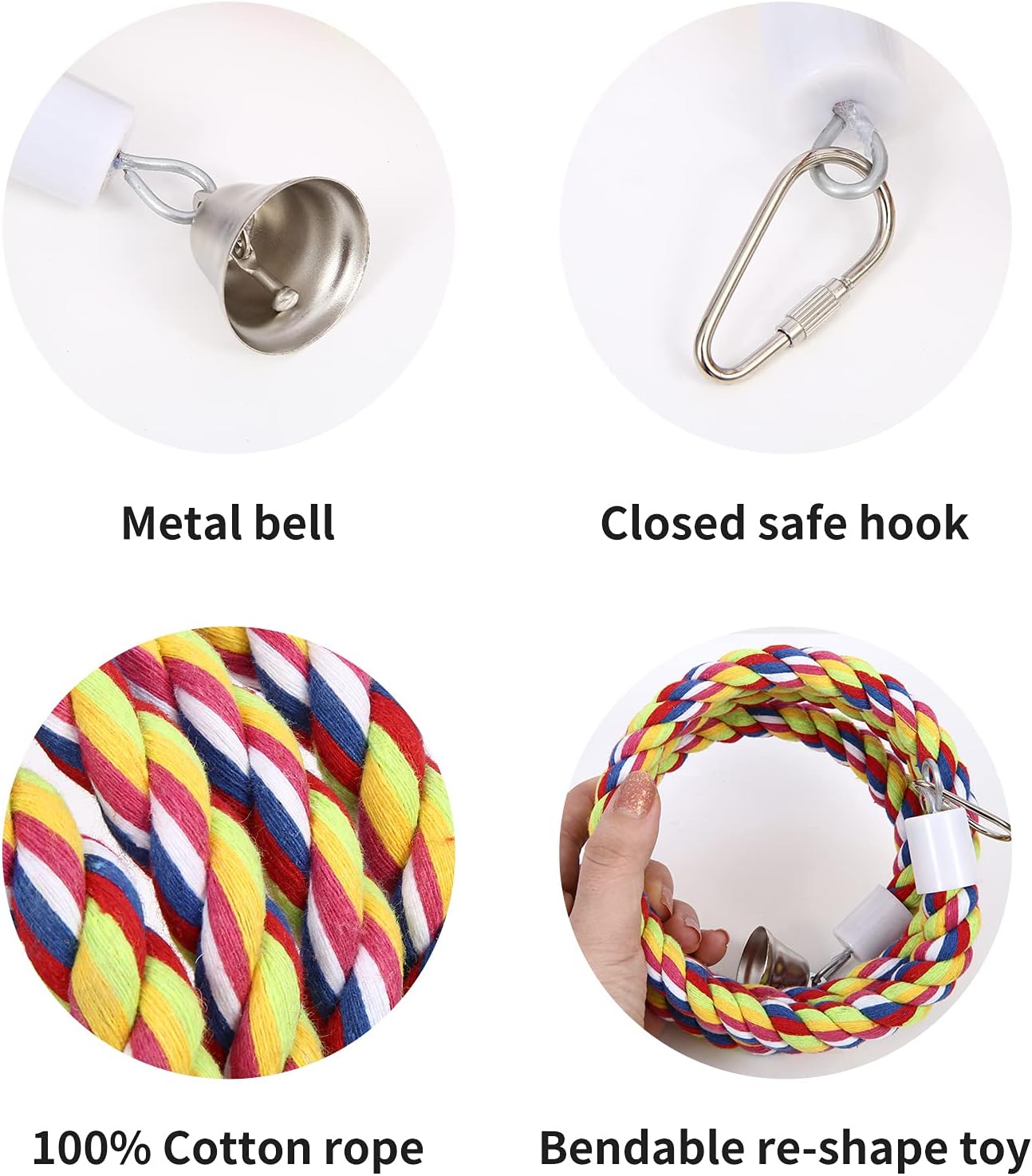 2Pcs 63'' Bird Rope Perches Birdcage Swing Toys 100% Cotton Natural Bird Perch Peck/Chewing with Bell Climbing Standing Bungee Parrot Toys for Small to Regular Size Parrot Cockatiel Birds