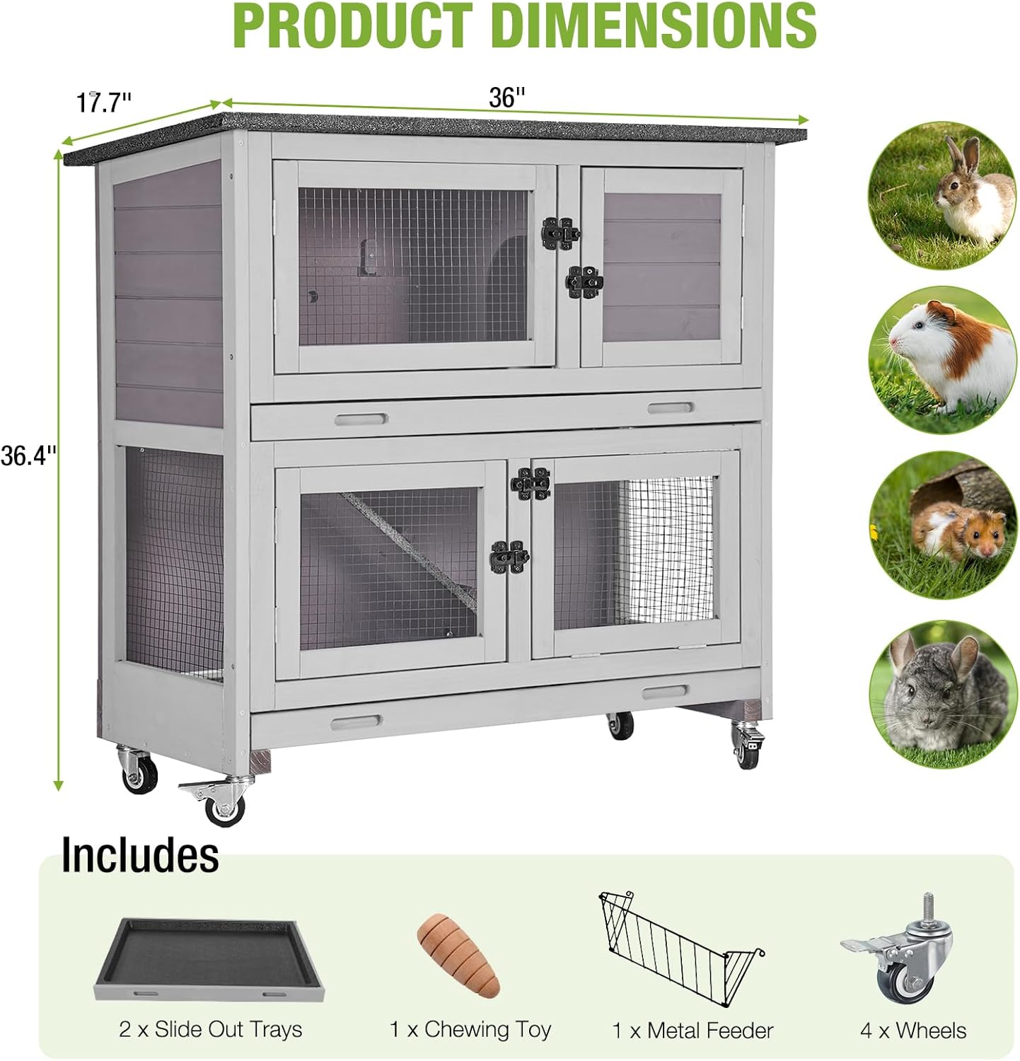 2 Story Rabbit Hutch Indoor Outdoor Rabbit Bunny House Guinea Pig Cage Wooden Pet House for Small Animals with 2 Large Rooms, Chewproof Ramp, Ventilation Door, Removable Trays (Grey)