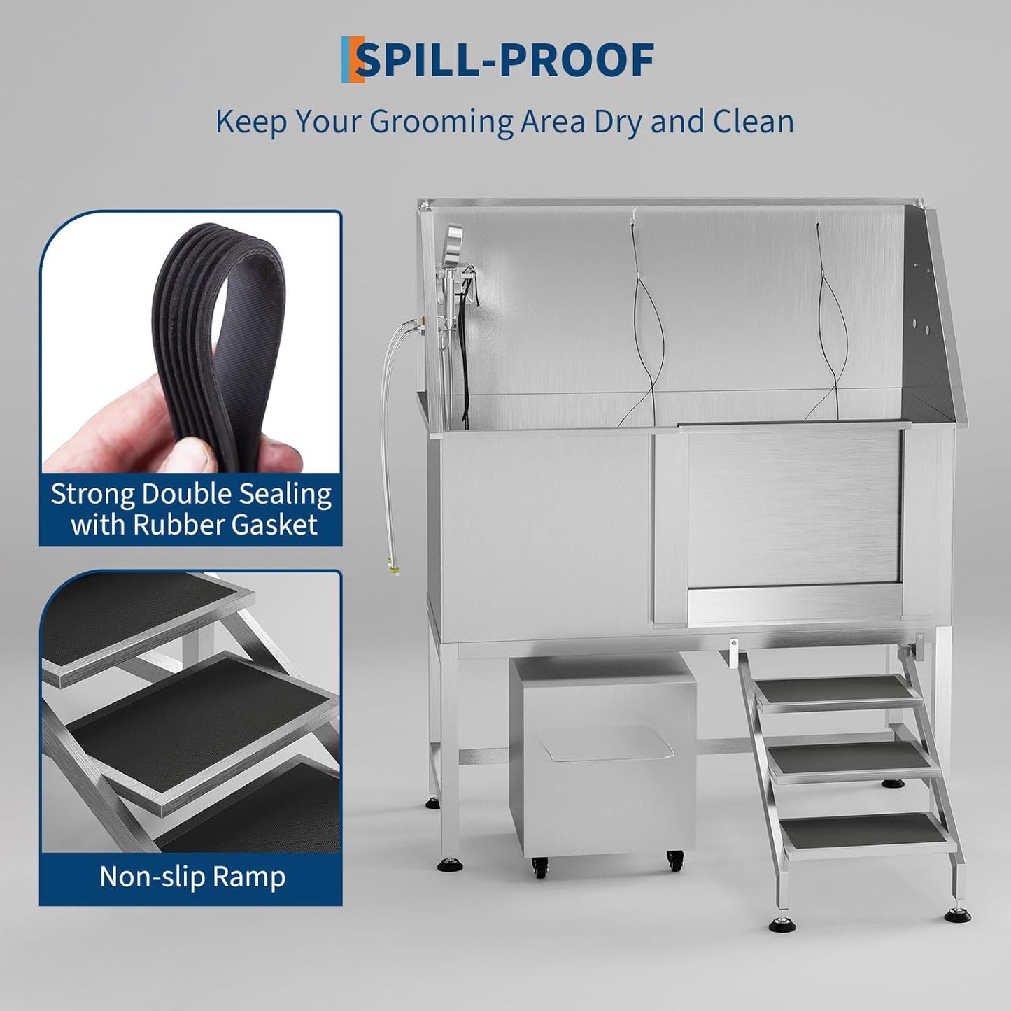 50" Stainless Steel Professional Dog Washing Station - Pet Bathing Tub w/Non-Slip Stairs & Storage Shelf | Slip-Resistant Floor Grate | for Large/Medium/Small Dogs