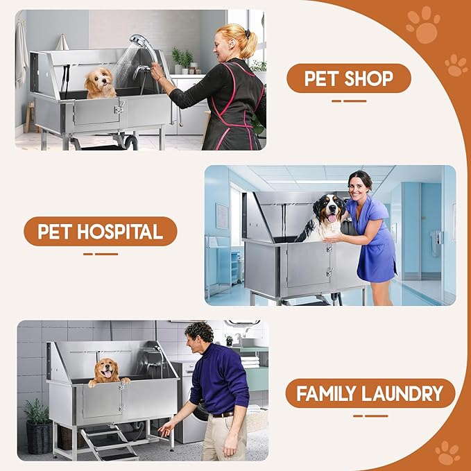 Albott 34 Inch Stainless Steel Dog Washing Station with Non-Slip Steps, Sprayer, Faucet, Tow Rope – Professional Pet Bathtub for Small Dogs, Great for Home, Garage, Salon (Left Door)