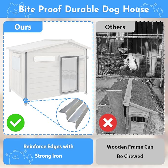 Outdoor Dog House Weatherproof Large Wooden Dog Kennel Indoor for Small Dogs with Chew-Proof Frame, Oxford Fabric Window, Removable Floor Pet Shelter (Grey, 40.1" D x 26.4" W x 28" H)
