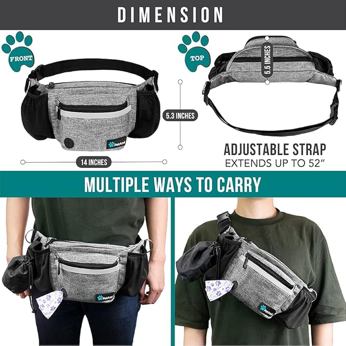 PetAmi Dog Fanny Pack, Treat Pouch for Dog Walking, Training, Built in Poop Bag Dispenser, Water Bottle Holder, Collapsible Bowl, Pet Treat Waist Belt for Hiking, Running, Kibbles (Grey)