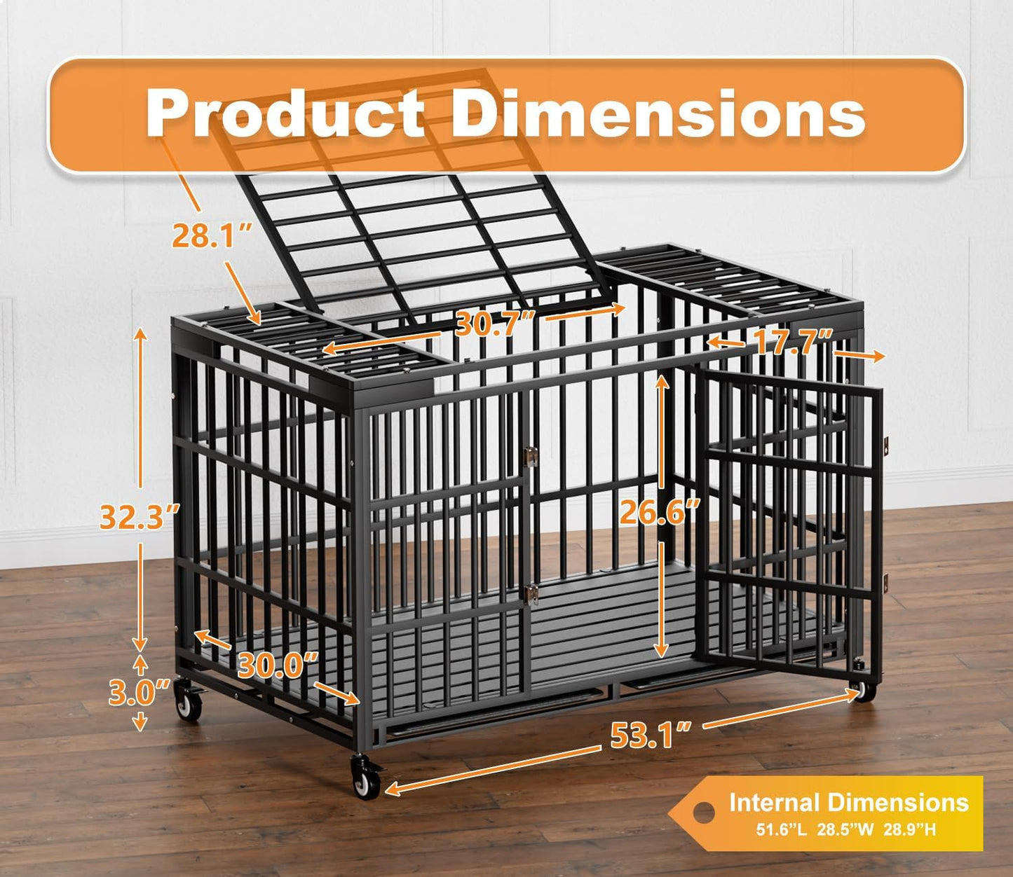 54 Inch Heavy Duty Dog Crate with Wheels,Indestructible Escape-Proof Dog Kennel with Locking Latch and Double Door,Extra Large XL XXL Crate Indoor for Large and Medium Dog with Removable Tray