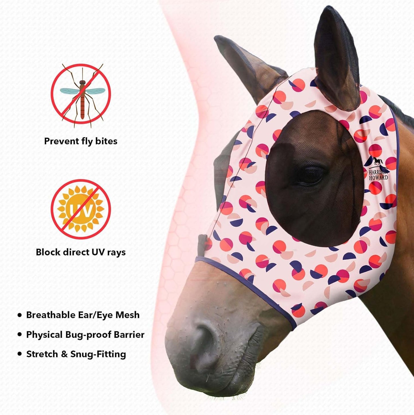 Harrison Howard Super Comfort Stretchy Fly Mask Large Eye Space with UV Protection Soft on Skin with Breathability Weaving Dots M