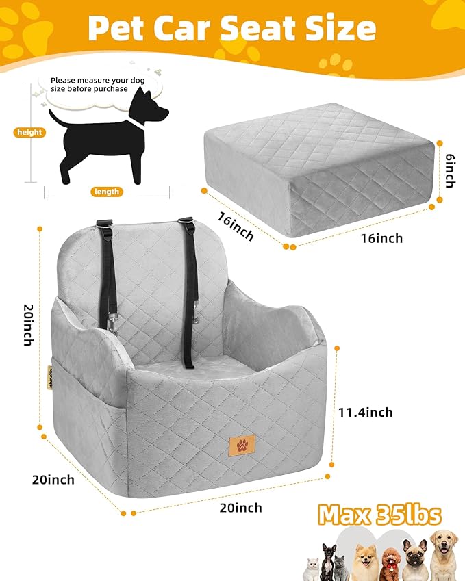 Car Seat Booster for Dog: High-Support Memory Foam Pet Car Seat for Small/Medium Dogs Under 35lbs with Elevated Cushion - Detachable Washable Puppy Travel Bed for Driving with Pockets (Grey)