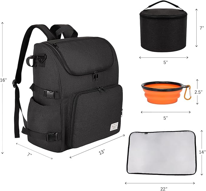 Modoker Dog Travel Bag Backpack, Airline Approved Pet Accessories Organizer for Dog and Cat with Shoulder Strap, 2 Dog Food Storage Containers, 2 Collapsible Dog Bowls,1 Pet Mat, Black