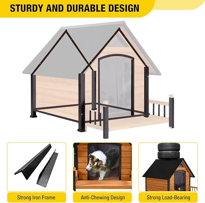 Outdoor Dog House with All-Around Insulated Liner Weatherproof Puppy Shelter Indoor Dog Kennel, Anti-Bite Dog Home for Large Breed with Porch (Brown, 50.8" D x 37.4" W x 37.2" H)