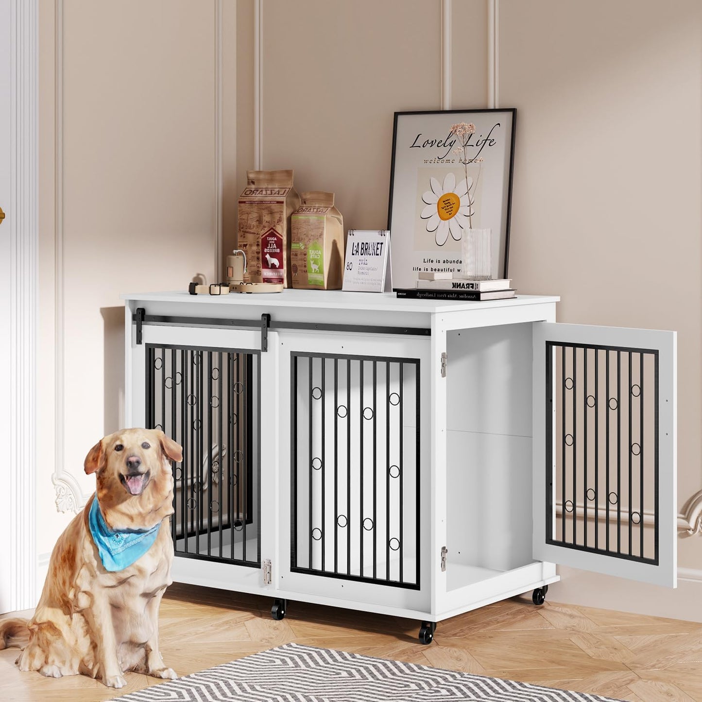 IchbinGo Large Dog Crate Furniture, 47" Wooden Dog Kennel with Sliding Barn Door, Flip-Top Lid & Wheels, Indoor Pet Crate Table with Detachable Divider for Small/Medium/Large Dogs (White)