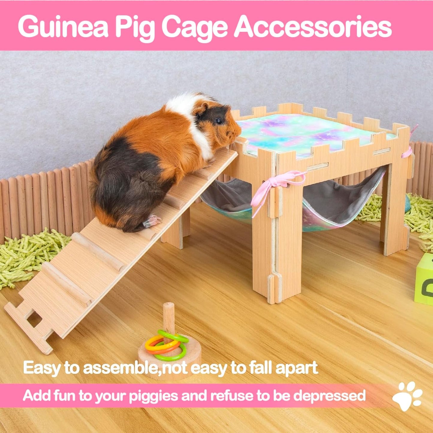 Guinea Pig Hammock with Platform and Ramps,Wooden Small Animal Hideout with Waterproof Coating Mat Hammock,Guinea Pig Cages Accessories Toys Hiding Playing,Easy to Clean(Single)