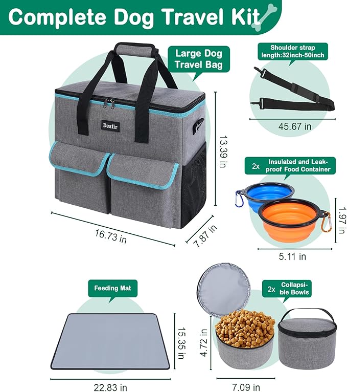 Large Pet Travel Bag Organizer - Dog & Cat Tote with Food Containers, Bowls, Feeding Mat, Perfect for Camping, Hiking (Multi-Pocket Design)