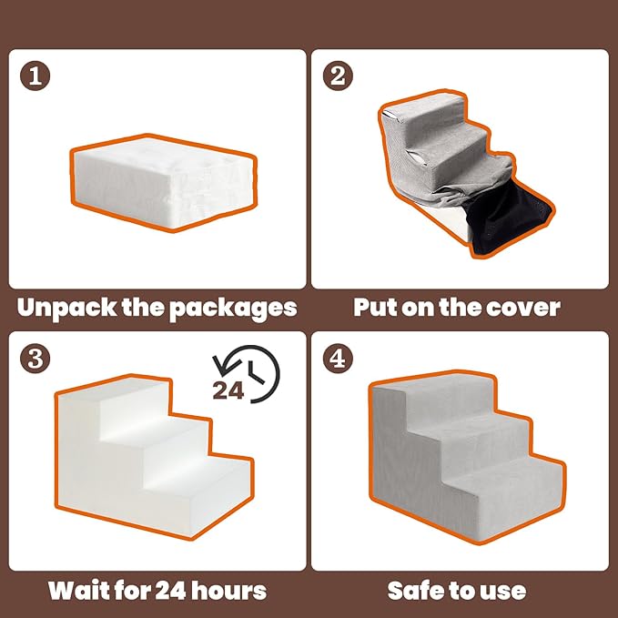 MEWANG Dog Stairs for Small & Medium Dogs and Old Cats –3/4/ 5 Steps High-Density Foam Pet Ramp for Bed & Couch, Non-Slip, Washable Cover, Grey (Square Corner, 3 Steps: 17.95''×14.96''×13.70'', 2)