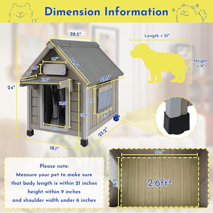 Outdoor Dog House Weatherproof Large Wooden Dog Kennel Indoor for Small Dogs with Chew-Proof Frame, Oxford Fabric Window, Removable Floor Pet Shelter (Grey, 18.1" D x 25.2" W x 24" H)