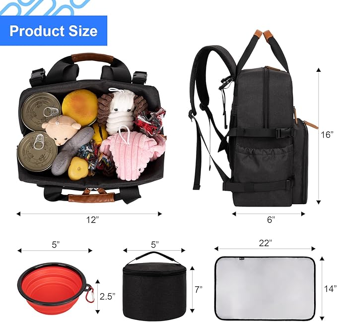Modoker Dog Travel Bag, Airline Approved Backpack for Pet Accessories Organizer, Tote Weekend Bag with 2 Dog Food Storage Containers, 2 Collapsible Bowls, 1 Pet Mat, Black