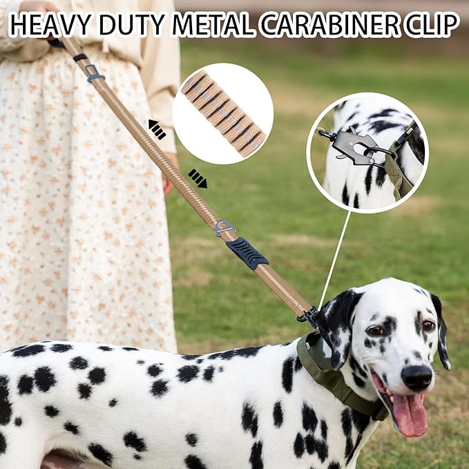 Heavy Duty Tactical Bungee Dog Leash, 4-6FT Shock Absorbing Tactical Leash with 2 Padded Handles, Metal Carabiner Clip,Car Seatbelt, Reflective Dog Leashes for Medium Large Dogs (Brown)