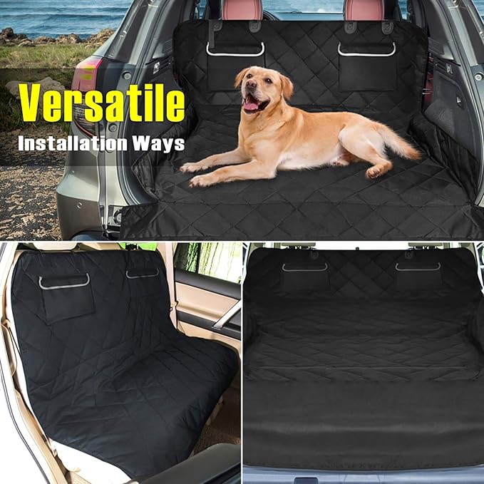 F-color SUV Cargo Liner for Dogs, Waterproof Pet Cargo Cover Dog Seat Cover Mat for SUVs Sedans Vans with 2 Large Pockets, Non-Slip, Large Size Universal Fit, Black
