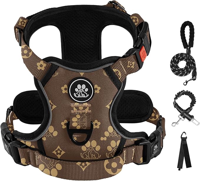 IVY&LANE No Pull Dog Harness with Leash Set, Reflective No Choke Pet Vest,Adjustable Oxford Dog Vest Harness with Easy Control Handle for Large Dogs (Dark Brown,XL)
