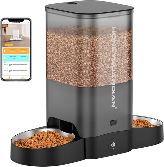 HoneyGuaridan 5L Automatic Cat Feeder for Two Cats, 5G WiFi Smart Feed Pet Feeder with Stainless Steel Bowl,APP Control Dispenser, Dual Power Supply,Desiccant Bag,10s Meal Call Black