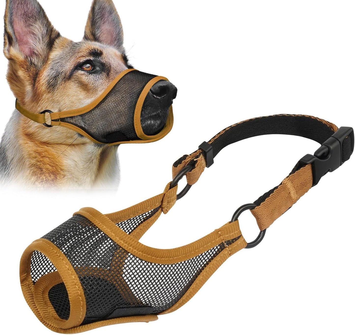 LUCKYPAW Dog Muzzle, Mesh Muzzle for Large Medium Small Dogs, Soft Mouth Guard for Biting Chewing, Breathable Mouth Guard with Adjustable Strap for Training(Brown, L(Snout:9.75"-11"))
