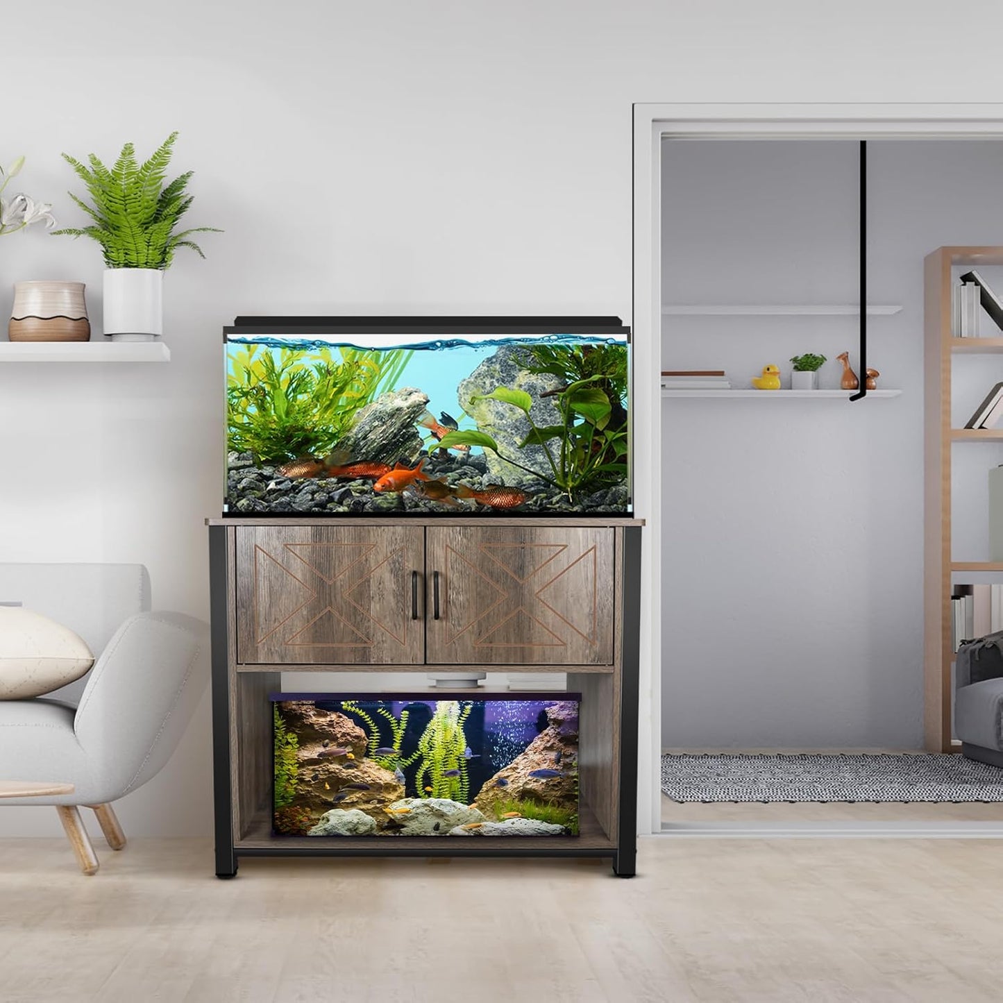 40 Gallon Aquarium Stand with Cabinet & Power Outlets, Heavy Duty Metal Stand for 40-50 Gallon Breeder & Turtle Tanks, Double Terrarium Stand, 660LBS Capacity, Grey