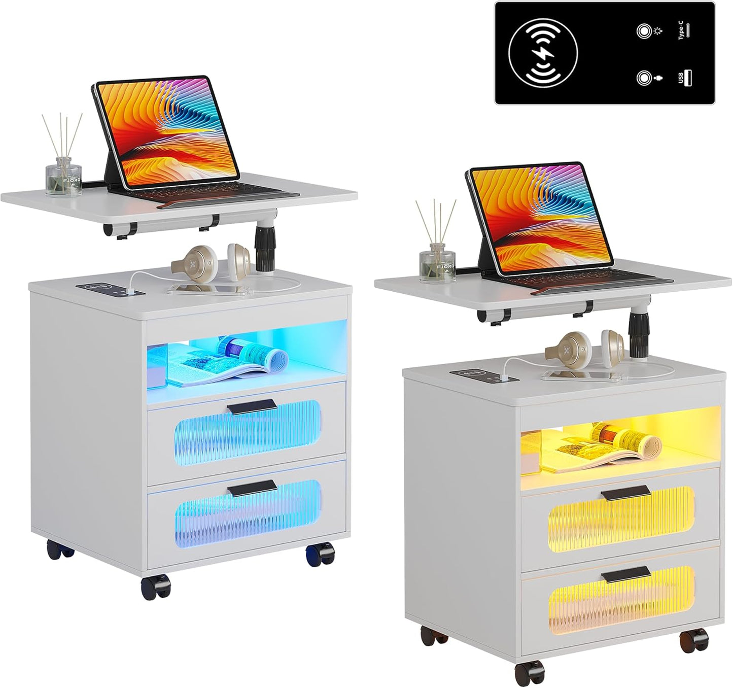 HNEBC Nightstand Set of 2, LED Nightstand with Wireless Charging Station/USB Ports,Smart Nightstand Has Adjustable Rotary Workstation with 2 Drawers,Modern Bedside Table for Bedroom Furniture(White)