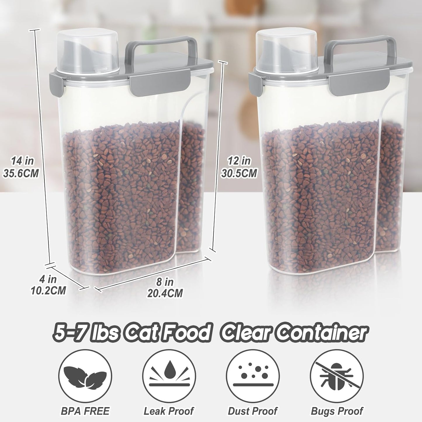 5-7Lbs Dog Cat Food Storage Container with Upgraded Large Nozzle BPA-free, 4 Snap Seals Plastic Pet Food Storage Containers with Handles (2, Light Gray, 5L)