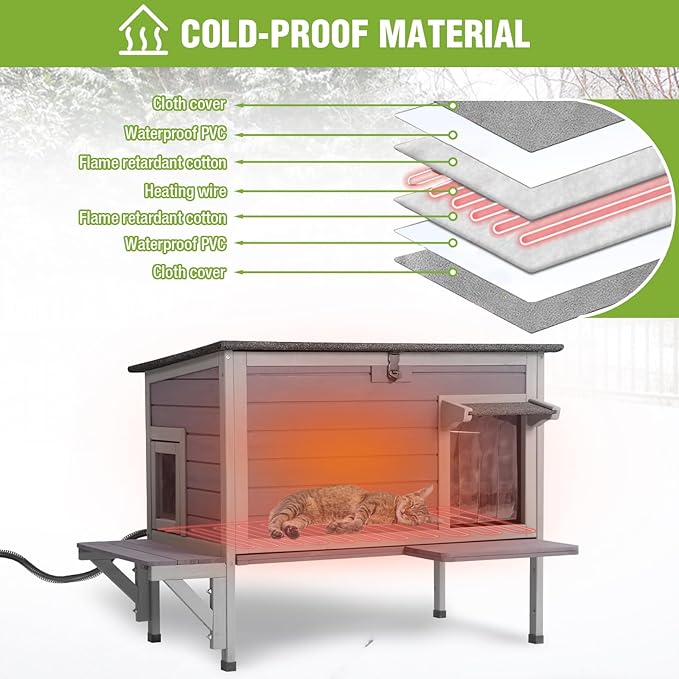 GUTINNEEN Heated Cat House Outdoor Cat House Insulated Weatherproof Feral Cat Shelter with Heated Pad and All-Round Thermal Liner for 1-3 Cats (Winter-Ready)