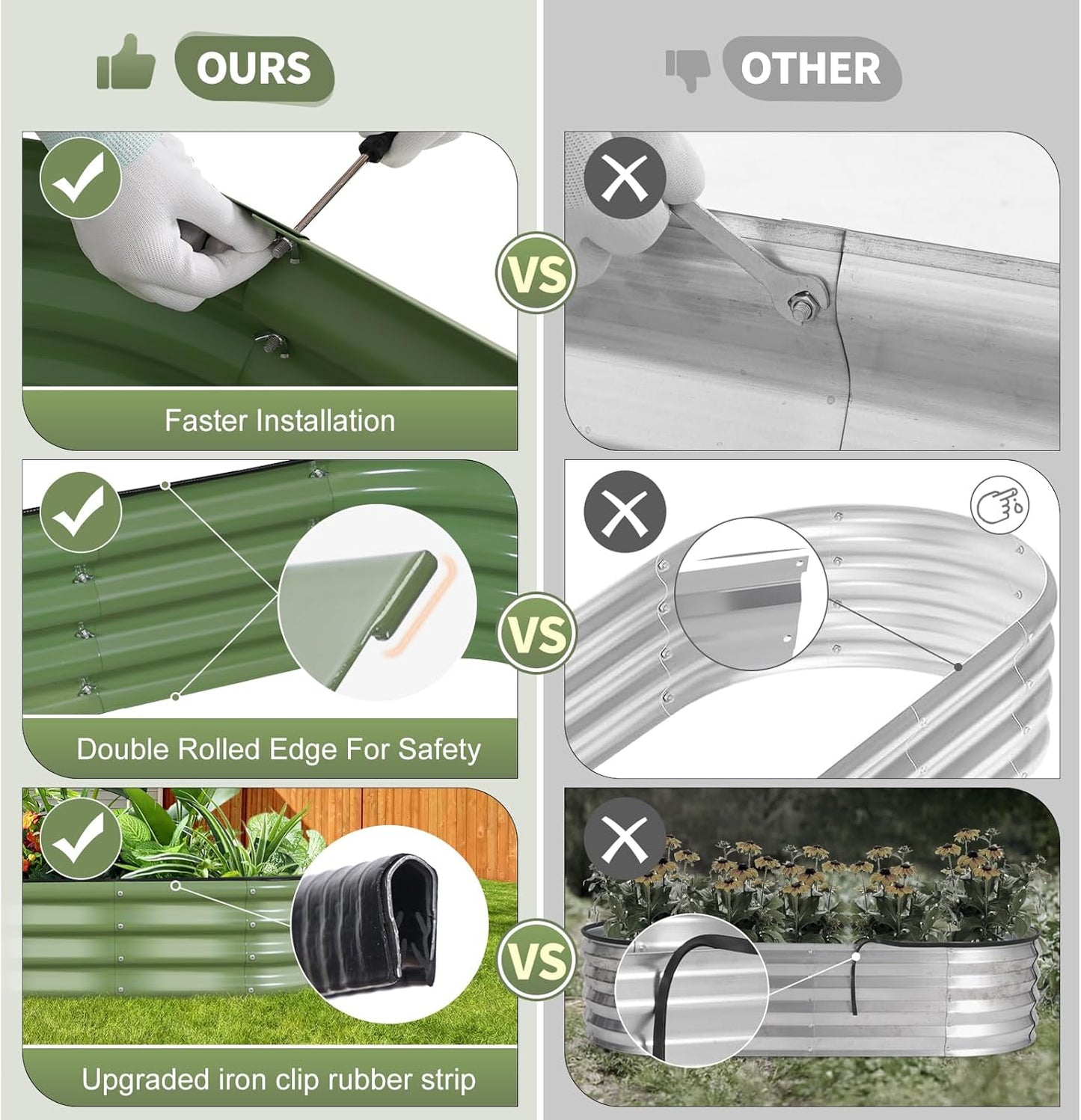 Galvanized Raised Garden Bed - 8x2x1FT Metal Planter Boxes Outdoor | Oval Steel Raised Bed Kit for Gardening with Protective Tape, Bracing Rods, Gloves for Vegetables, Flower, Herb (Green)