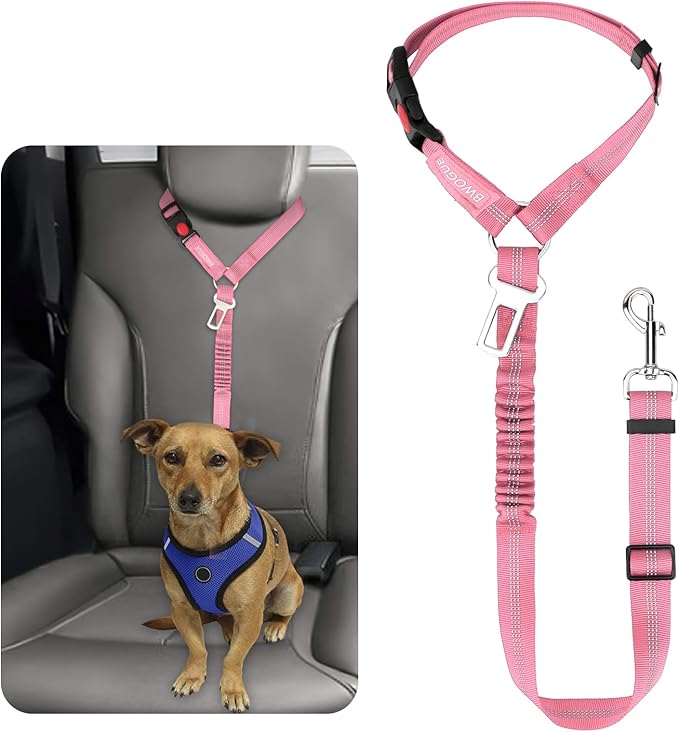 BWOGUE Pet Dog Cat Seat Belt Reflective Car Dog Headrest Restraint Leash Elastic Buffer Bungee Adjustable Tangle-Free Safety Leads Vehicle Seatbelt Harness for Small, Medium and Large Dogs (1 Pack)